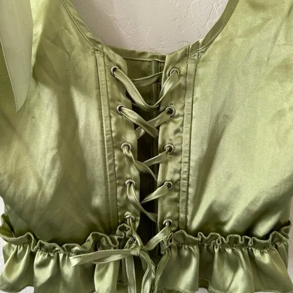 Lime Green Satin Tie Shoulder Lace Up Corset - Picture 7 of 9